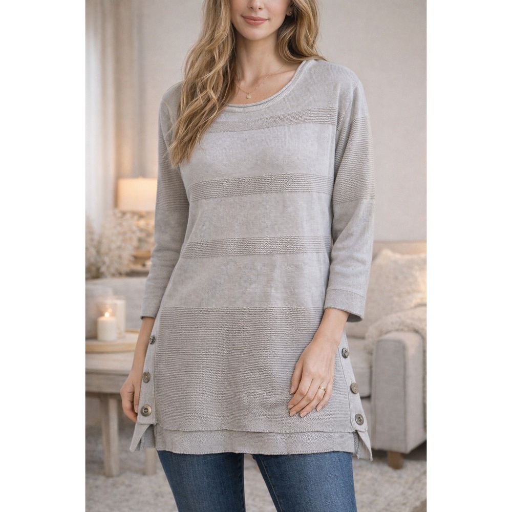 Neon Buddha Womens Grey Textured Stripe‎ Button Side Slit Tunic Top Small